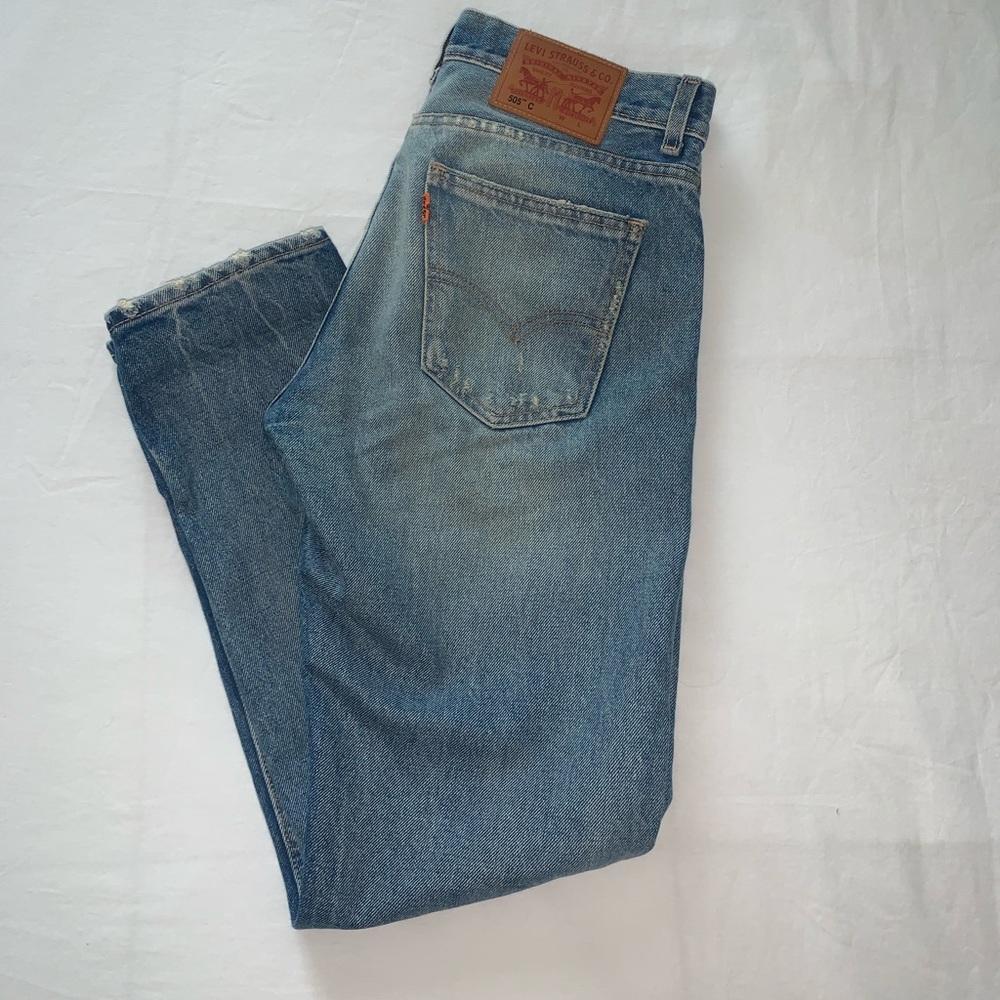 Levi’s straight leg ripped jeans, medium wash, limited stretch